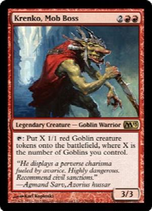 Krenko, Mob Boss
 {T}: Create X 1/1 red Goblin creature tokens, where X is the number of Goblins you control.